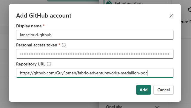 Add GitHub account dialog — display name lanacloud-github, classic PAT, repository URL